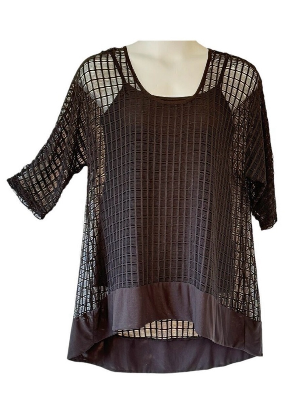 Athena Marie Tunic with Attached Stretch Cami Black Net Tunic Dolman Sleeve   L